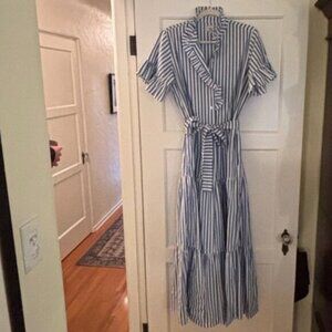 Mille Victoria Dress in bright white, blue and green stripe. Size M